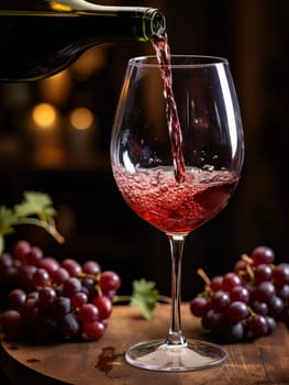 Pouring red wine into an elegant glass. Wine making and tasting concept. Romantic weekend vibe with alcohol AI