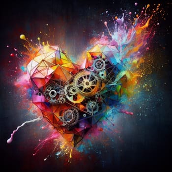 a color explosion of paint render a steampunk geared poly transparent heart - love concept generative ai art