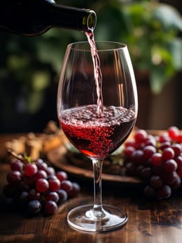 Pouring red wine into an elegant glass. Wine making and tasting concept. Romantic weekend vibe with alcohol AI