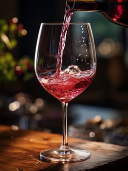 Pouring red wine into an elegant glass. Wine making and tasting concept. Romantic weekend vibe with alcohol AI