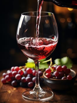 Pouring red wine into an elegant glass. Wine making and tasting concept. Romantic weekend vibe with alcohol AI