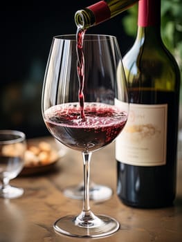 Pouring red wine into an elegant glass. Wine making and tasting concept. Romantic weekend vibe with alcohol AI