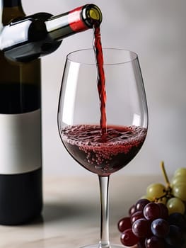 Pouring red wine into an elegant glass. Wine making and tasting concept. Romantic weekend vibe with alcohol AI