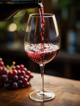 Pouring red wine into an elegant glass. Wine making and tasting concept. Romantic weekend vibe with alcohol AI