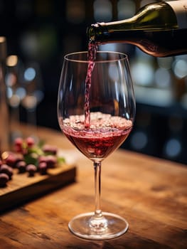 Pouring red wine into an elegant glass. Wine making and tasting concept. Romantic weekend vibe with alcohol AI