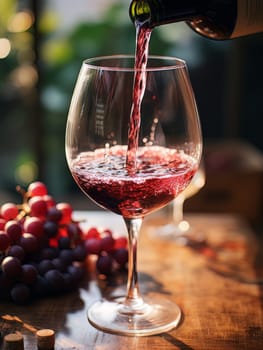 Pouring red wine into an elegant glass. Wine making and tasting concept. Romantic weekend vibe with alcohol AI