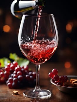 Pouring red wine into an elegant glass. Wine making and tasting concept. Romantic weekend vibe with alcohol AI