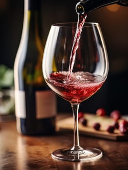 Pouring red wine into an elegant glass. Wine making and tasting concept. Romantic weekend vibe with alcohol AI