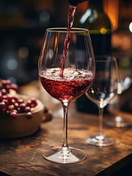 Pouring red wine into an elegant glass. Wine making and tasting concept. Romantic weekend vibe with alcohol AI