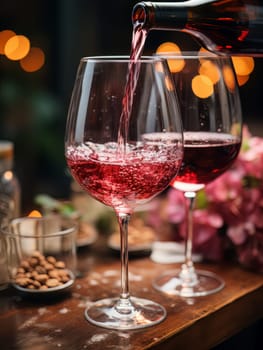 Pouring red wine into an elegant glass. Wine making and tasting concept. Romantic weekend vibe with alcohol AI