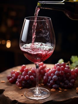 Pouring red wine into an elegant glass. Wine making and tasting concept. Romantic weekend vibe with alcohol AI