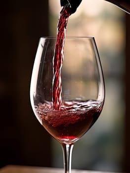 Pouring red wine into an elegant glass. Wine making and tasting concept. Romantic weekend vibe with alcohol AI