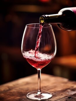 Pouring red wine into an elegant glass. Wine making and tasting concept. Romantic weekend vibe with alcohol AI