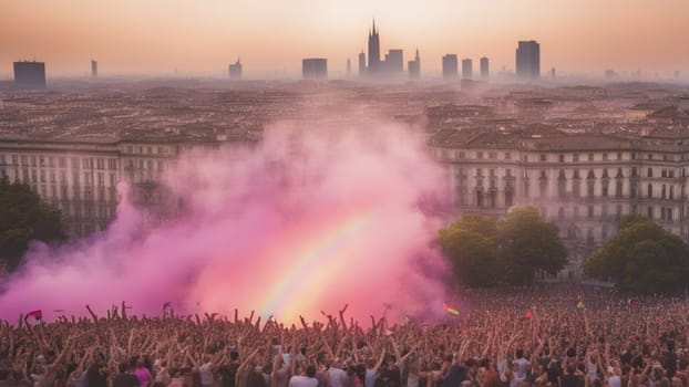 crowded lgbt community and activists celebrate gay pride parade, rainbow colours, big city ai genrative art illustration