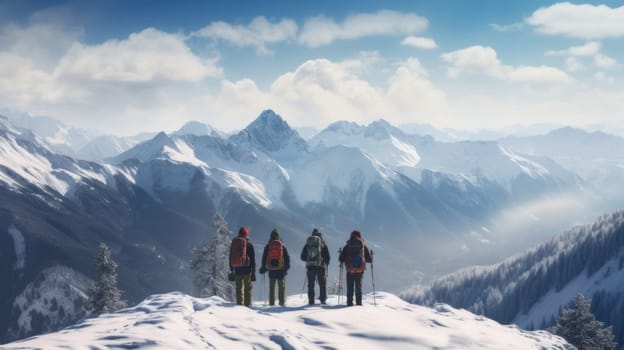 A family of skiers looks at the snow-capped mountains at a ski resort, during vacation and winter holidays. Concept of traveling around the world, recreation, winter sports, vacations, tourism in the mountains and unusual places.