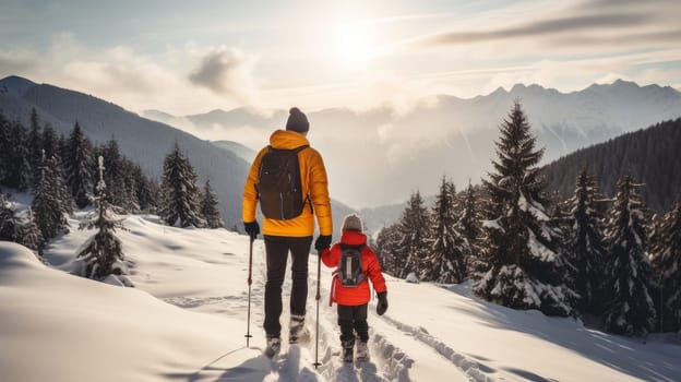 Dad with little daughter looks at snow-capped mountains at a ski resort, during vacation and winter holidays. Concept of traveling around the world, recreation, winter sports, vacations, tourism in the mountains and unusual places.