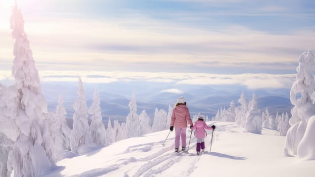Happy mother and little daughter walk through snow-capped mountains with a beautiful landscape at a ski resort, during holidays. Concept of traveling around the world, recreation, winter sports, vacations, tourism in the mountains and unusual places.