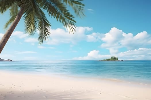 tropical beach view at sunny day with white sand, turquoise water and palm tree. Neural network generated image. Not based on any actual scene or pattern.