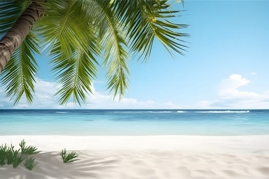 tropical beach view at sunny day with white sand, turquoise water and palm tree. Neural network generated image. Not based on any actual scene or pattern.