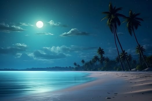 tropical beach view with white sand, turquoise water and palm tree at full moon night. Neural network generated photorealistic image. Not based on any actual scene or pattern.