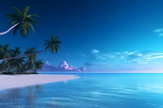 tropical beach view with white sand, turquoise water and palm tree. Neural network generated image. Not based on any actual scene or pattern.