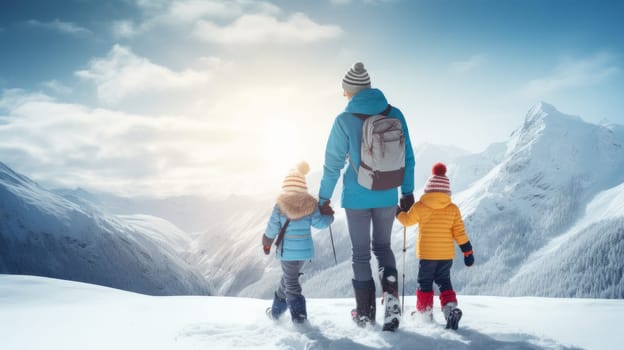 Happy mother with two children walk along snow-capped mountains with a beautiful landscape at a ski resort, during winter holidays. Concept of traveling around the world, recreation winter sports vacations, tourism in the mountains and unusual places