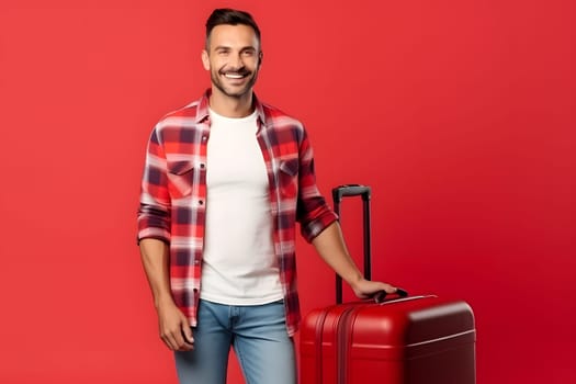 young adult Caucasian male with suitcase on red background. Neural network generated image. Not based on any actual person or scene.