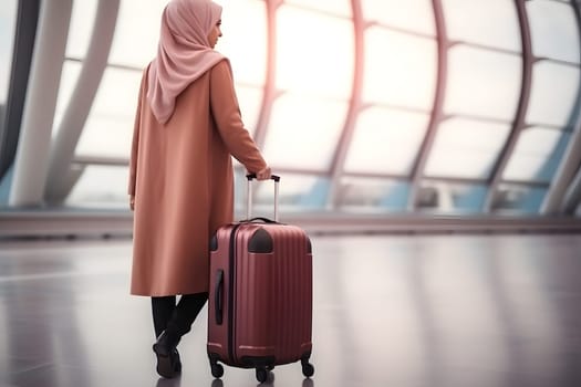 Smiling young adult Muslim traveler woman in an airport with suitcase. Neural network generated image. Not based on any actual scene or pattern.