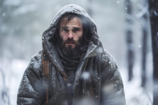 Young adult Caucasian man in winter forest at snowy day. Neural network generated image. Not based on any actual person or scene.