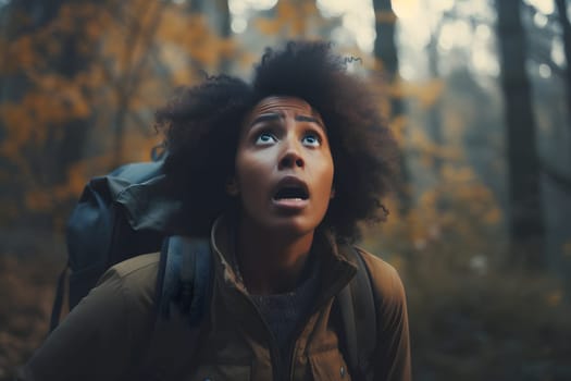 African American woman lost in forest at autumn day. Neural network generated image. Not based on any actual person or scene.