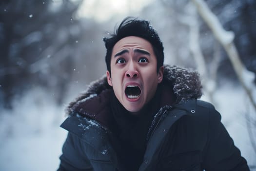 Asian young adult man lost in forest at snowy winter day. Neural network generated image. Not based on any actual person or scene.