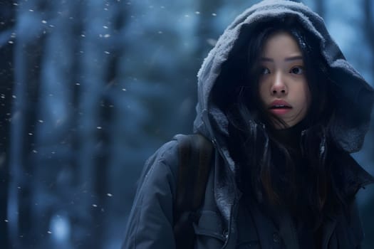 Asian girl lost in snowy winter forest at day. Neural network generated image. Not based on any actual person or scene.