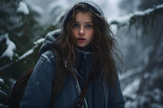 Caucasian girl lost in snowy winter forest at day. Neural network generated image. Not based on any actual person or scene.