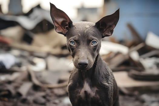 Alone wet and dirty American Hairless Terrier after disaster on the background of house rubble. Neural network generated image. Not based on any actual scene or pattern.