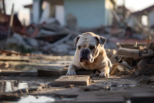 Alone wet and dirty bulldog after disaster on the background of house rubble. Neural network generated image. Not based on any actual scene or pattern.
