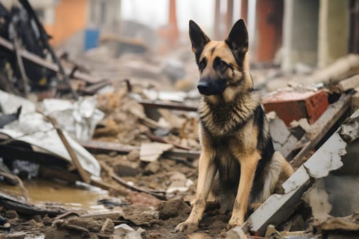 Alone wet and dirty German Shepherd Dog after disaster on the background of house rubble. Neural network generated image. Not based on any actual scene.