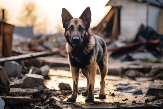 Alone wet and dirty German Shepherd Dog after disaster on the background of house rubble. Neural network generated image. Not based on any actual scene.