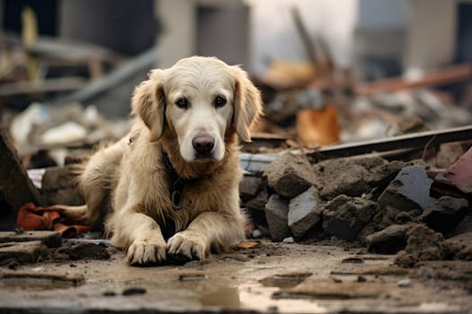 Alone wet dirty Golden Retriever after disaster on the background of house rubble. Neural network generated image. Not based on any actual scene.