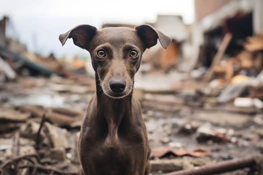 Alone wet and dirty Italian Greyhound after disaster on the background of house rubble. Neural network generated image. Not based on any actual scene.