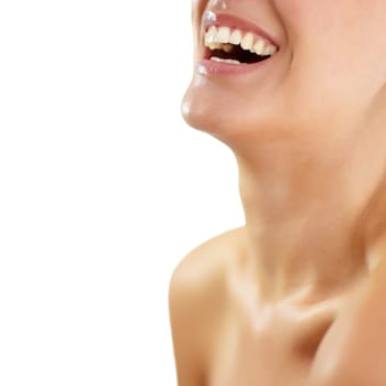 Smile, dental teeth and beauty of woman in studio isolated on a white background mockup space. Mouth, closeup and funny model laugh, healthy tooth and natural gums, skin wellness and orthodontics.