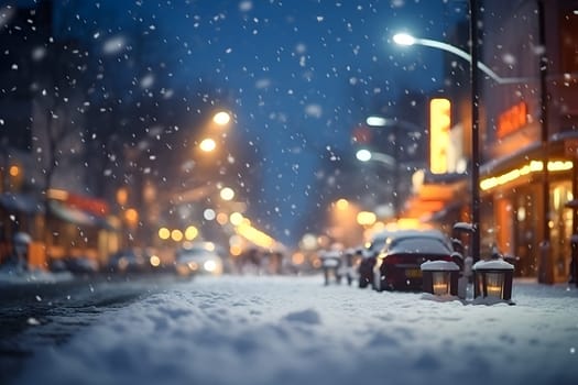 defocused view of American town street at snowy winter morning. Neural network generated image. Not based on any actual scene.