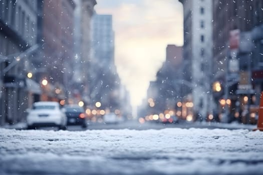 defocused view of American downtown street at snowy winter morning. Neural network generated image. Not based on any actual scene.