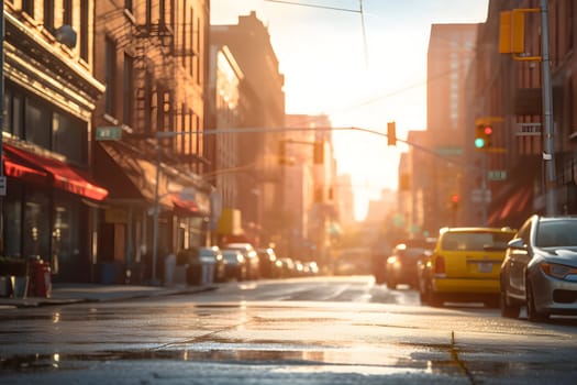 American downtown street view at sunny summer morning after rain. Neural network generated image. Not based on any actual scene.