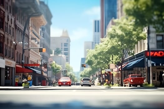 American downtown street view at sunny summer day. Neural network generated image. Not based on any actual scene.