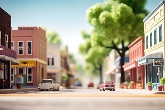 American toy town street view at sunny summer day. Neural network generated image. Not based on any actual scene.