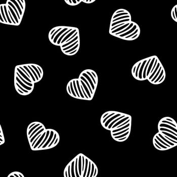 Hand Drawn Seamless Patterns with Hearts in Doodle Style. Romantic Love Digital Paper for Valentines Day. White Hearts on Black Background.