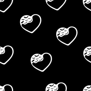 Hand Drawn Seamless Patterns with Hearts in Doodle Style. Romantic Love Digital Paper for Valentines Day. White Hearts on Black Background.