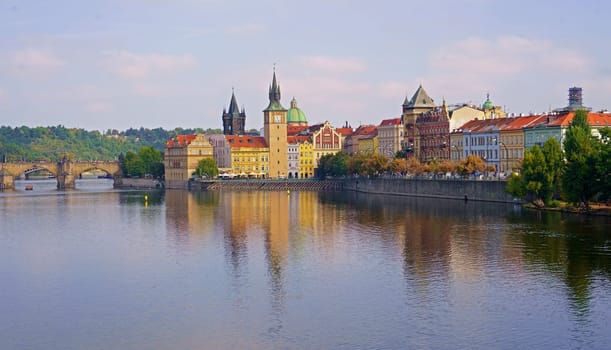 Prague - Charles bridge, Czech Republic. Scenic aerial sunset on the architecture of the Old Town Pier and Charles Bridge over the Vltava River in Prague, Czech Republic.