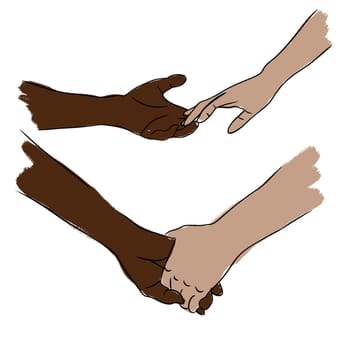 Hand drawn illustration of two human person hands holding idifferent skin colors. Simple minimalist symbol concept in black line outline, skin color diversity, empty space for logo text, friendship love support