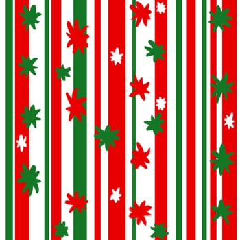 Hand drawn seamless pattern of vertical bright red green Christmas stripes with snowflakes, winter vibrant striped background, modern trendy contemporary fabric print, saturated energetic colors, bright festive